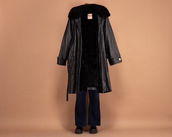Fur Lined Leather Coat 90's, Size XL, Vintage Bel… - image 4