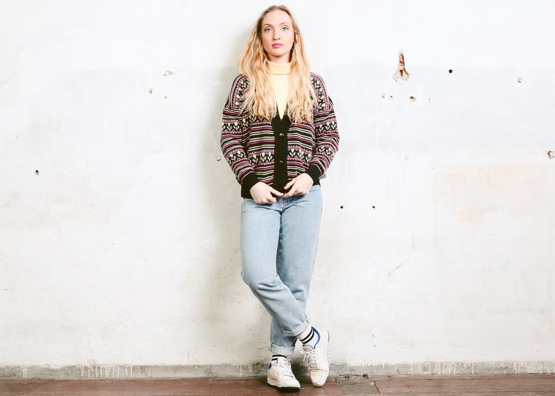 Vintage Knitwear V-Neck Cardigan Drop Shoulders Slouchy Cardigan Knit Sweater 80s Retro Clothing 80s Striped Cardigan Sweater size Large