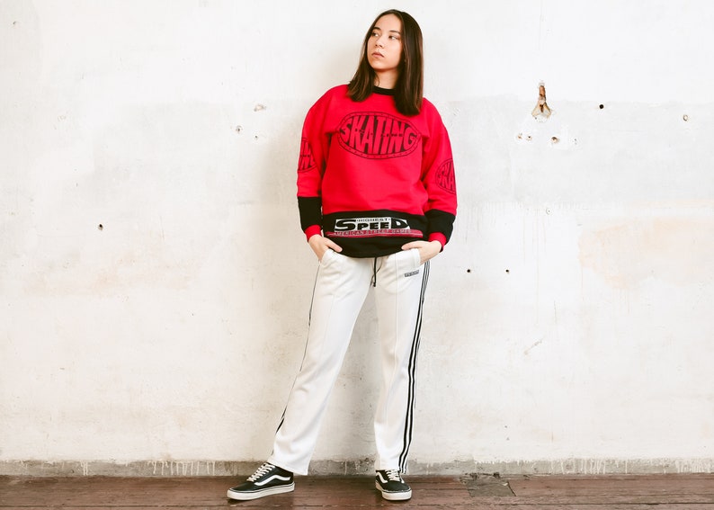 Vintage Graphic Print Skater Sweatshirt Red Cotton Sweater Athleisure Wear Streetwear Unisex Clothing 80s Sports Sweatshirt size Small