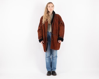 80s Vintage Brown Sheepskin Overcoat, Shearling Coat, Oversized XXL