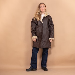 Leather Sherpa Coat 90s, Size Large Brown Leather Coat, Sherpa Leather Coat, Brown Hooded Leather Coat,  Retro Leather Coat, 90s Outerwear,