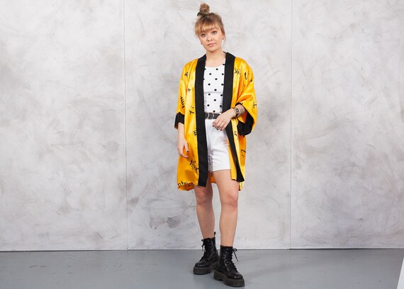 Vintage 90s Yellow Kimono Robe . Vintage Hieroglyp