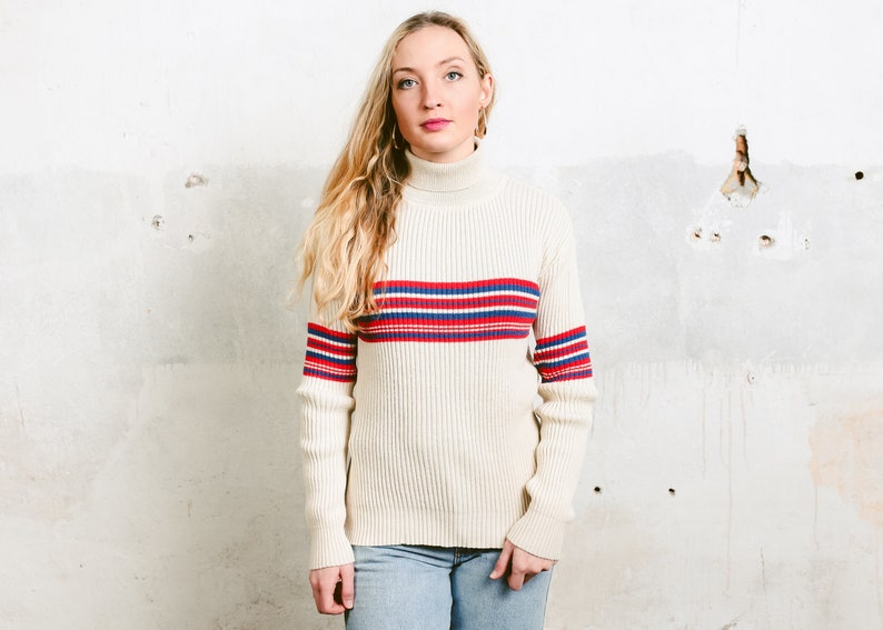 70s White Striped Sweater . Ribbed Knit 