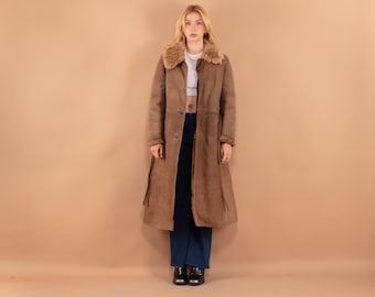Vintage 70s Long Sheepskin Coat Women Brown Suede Shearling Maxi Coat Fur Collar Belted Winter Coat