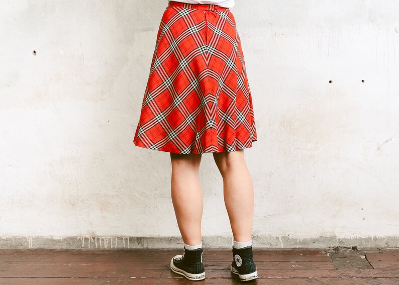80s Vintage Skater Skirt . Checked High Waist Skirt Casual A-Line Skirt Summer Skirt Plaid Orange Skirt Flared Knee Length Skirt. size Small image 6