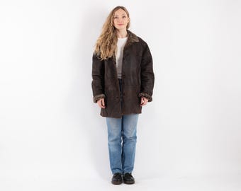 90s Vintage Brown Sheepskin Shearling Coat, Western Overcoat, Size XL