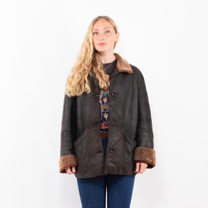 90s Black Sheepskin Coat, Size L Shearling Coat, Boho Western Outerwear, Button Up Sheepskin Coat, Retro Leather Coat, NorthernGirlStore