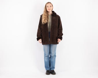 90s Vintage Brauner Sherpa-Mantel, Lammfell-Mantel, Größe L/XL