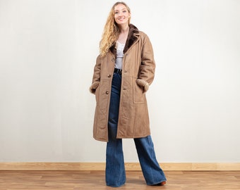 Leather Sheepskin Coat women vintage 80s shearling coat longline coat brown leather coat winter vintage clothing size extra large xl