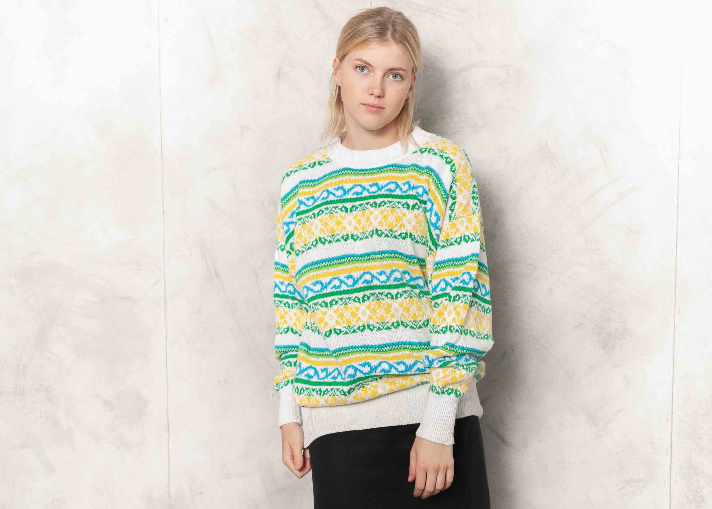 NorthernGirlStore 80s Patterned Sweater Vintage Funk Pullover Women Autumn Boho Sweater Abstract Print Knitwear Aztec Jumper Women Clothing Size Medium