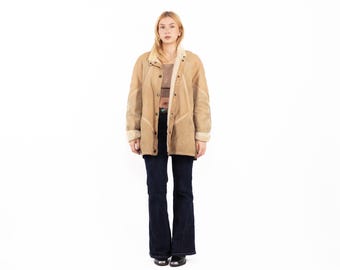 80s Beige Distressed Sheepskin Coat, Vintage Overcoat Size M/L
