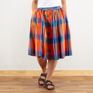 Plaid Summer Skirt vintage midi skirt high waist button front skirt retro multicolor checkered summer skirt 90s vintage clothing size small image 1