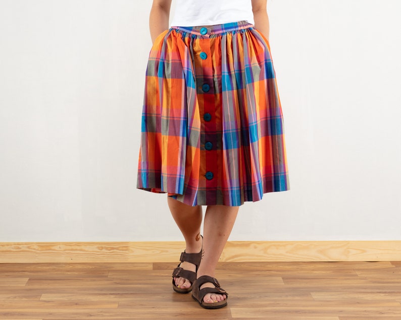 Plaid Summer Skirt vintage midi skirt high waist button front skirt retro multicolor checkered summer skirt 90s vintage clothing size small image 1