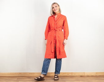 Vintage Women Dress 90s mod dress boho summer dress longline shirt striped orange dress shirtdress women vintage clothing size small