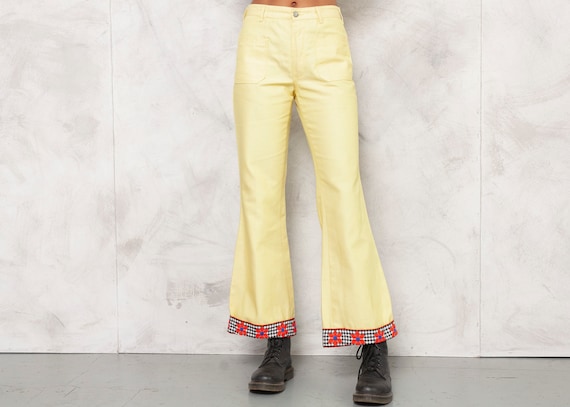 70s Yellow Trousers Denim Pants Flare Trousers Mid