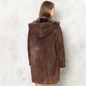 Vintage 90s Suede Coat, Size Large L, Brown Faux Fur Coat, Hooded Leather Coat, Winter Outwear, Penny Lane Coat, Afghan Coat, Women Clothing image 5