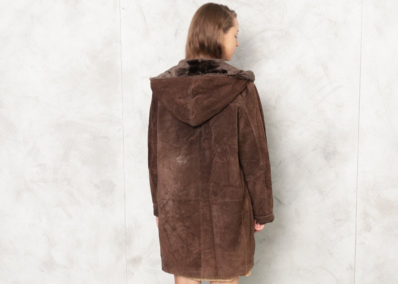 Vintage 90s Suede Coat, Size Large L, Brown Faux Fur Coat, Hooded Leather Coat, Winter Outwear, Penny Lane Coat, Afghan Coat, Women Clothing image 5