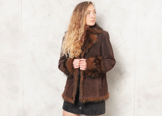 90s Suede Jacket Brown Faux Fur Trim Jacket Insula