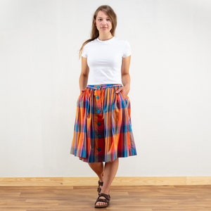 Plaid Summer Skirt vintage midi skirt high waist button front skirt retro multicolor checkered summer skirt 90s vintage clothing size small image 4