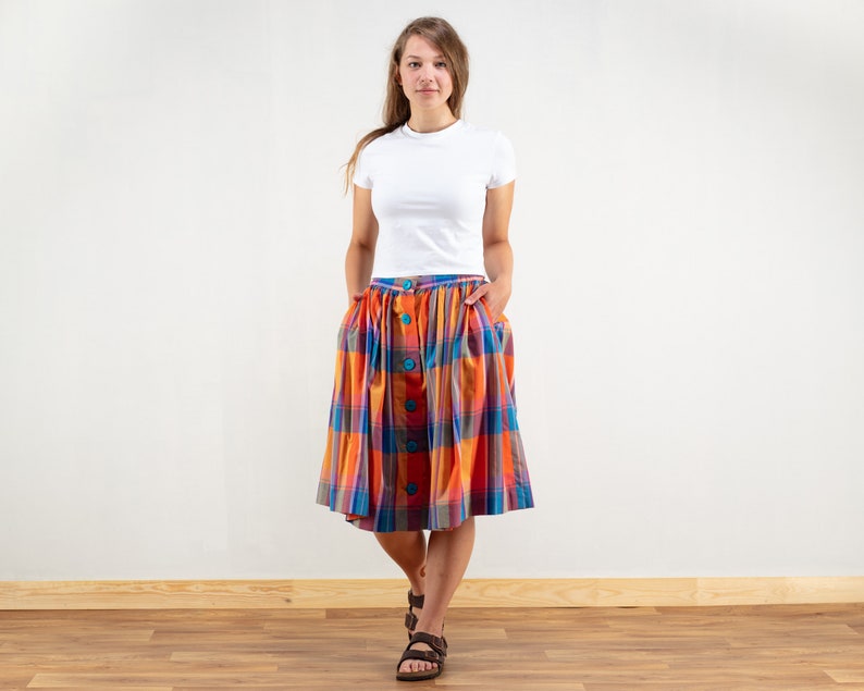 Plaid Summer Skirt vintage midi skirt high waist button front skirt retro multicolor checkered summer skirt 90s vintage clothing size small image 4