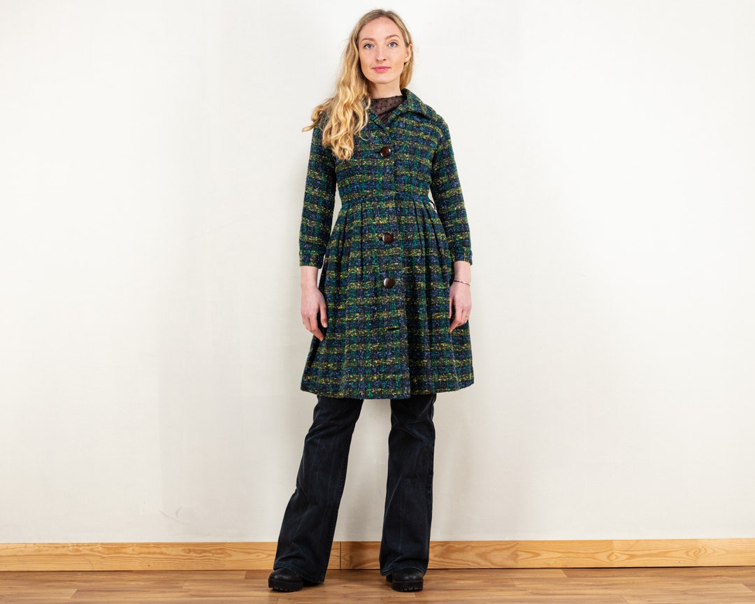 50's Plaid Coat Women Blue Plaid Green Woven Princess Coat Bracelet