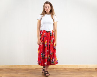 Floral Midi Skirt women vintage 70s boho summer skirt ditsy print red mod skirt summer viscose skirt gift idea women clothing size small