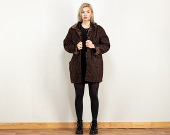 Suede Sherpa Coat women brown vintage 90's suede patchwork faux shearling lined winter overcoat oversized suede size extra large XL