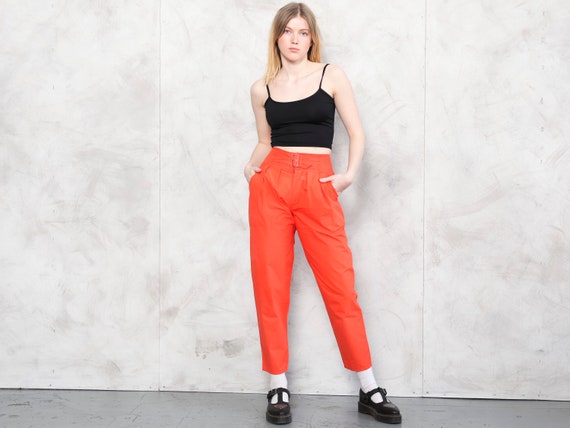 Women Orange Pants 80s Peg Leg Orange Trousers Tapered High Waist