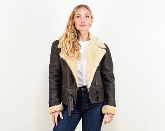 Shearling Leather Aviator 00s sheepskin genuine leather jacket brown shearling aviator jacket vintage clothing size extra large XL