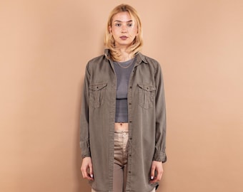 90s Vintage Khaki Cotton Long Sleeve Shirt, Grunge Streetwear, Size XL