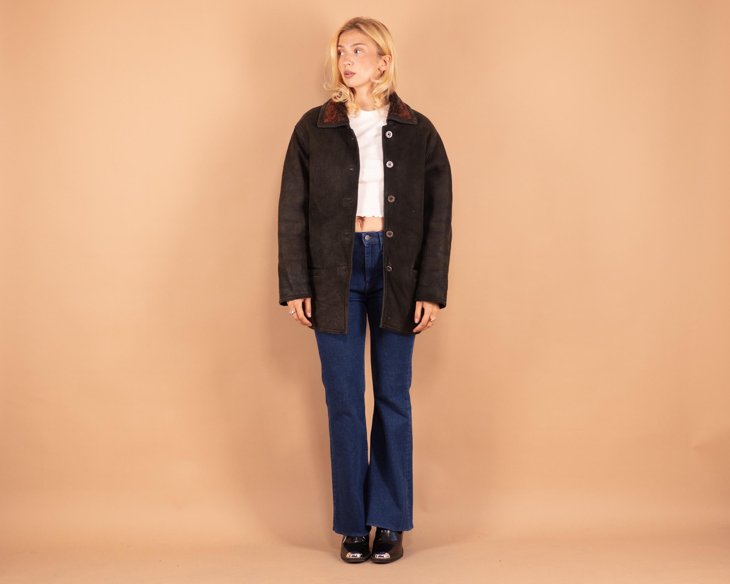 90's Black Sheepskin Coat , Size XL Shearling Leather Coat