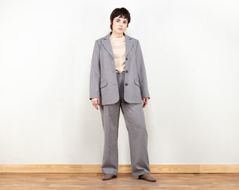 Women Pant Suit vintage 90s gray striped pantsuit two piece business suit straight leg pants and blazer set vintage clothing size medium