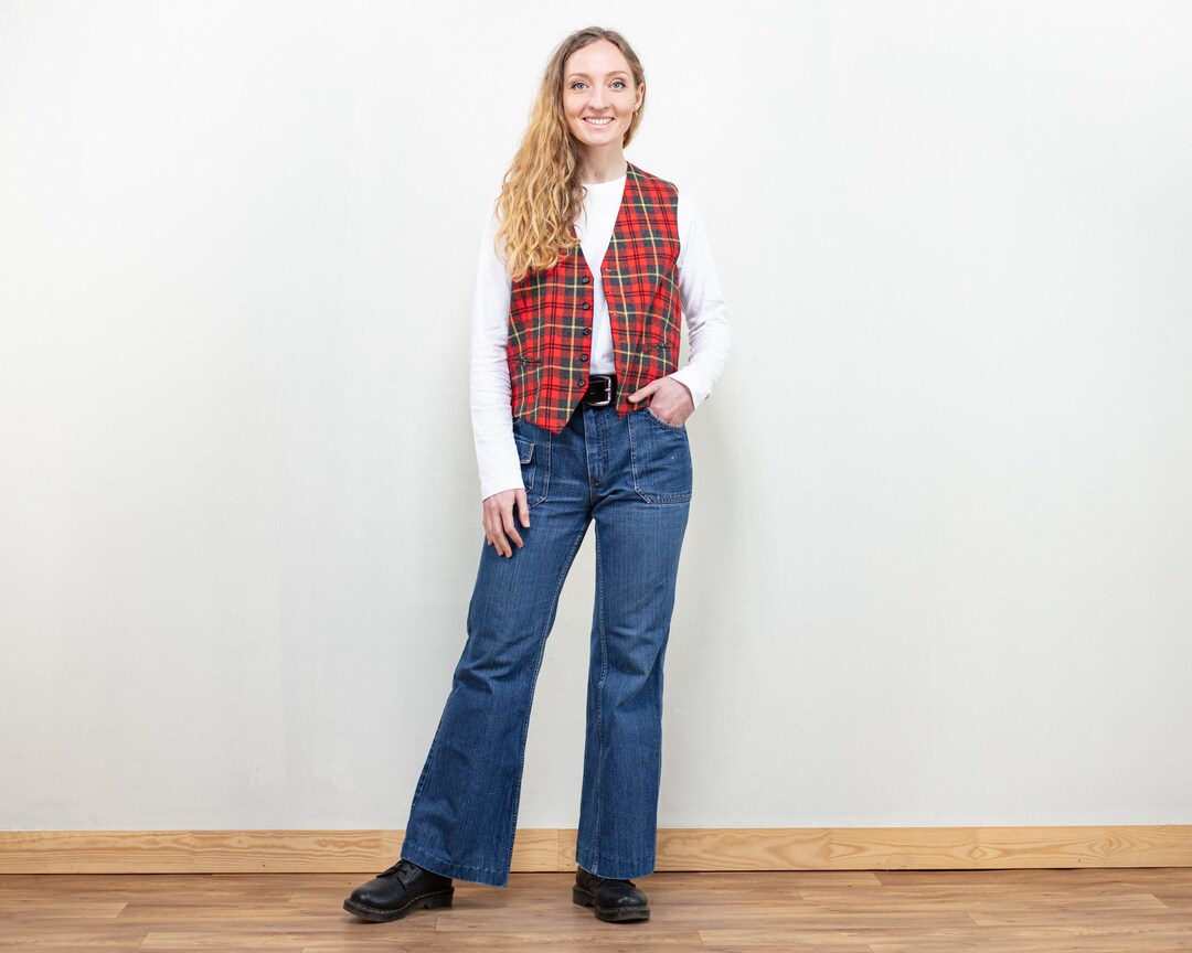Plaid Wool Vest Women Vintage 80s Red Checkered Sleeveless Jacket Women