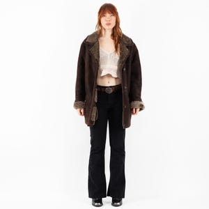 90s Western Sheepskin Coat, Size L Vintage Shearling Coat, Western Cowgirl Overcoat, Vintage Outerwear, Brown Shearling Coat, Western Wear