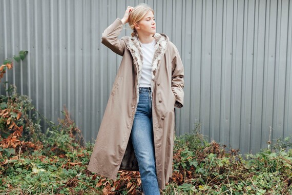 90s Hooded Coat Vintage 90s Faux Fur Lined Coat Be