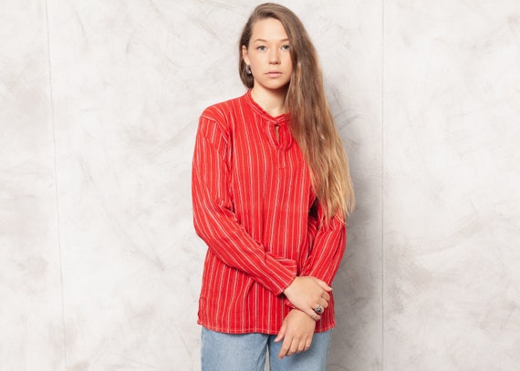 Vintage 80s Red Striped Shirt . Women's Boho Tunic
