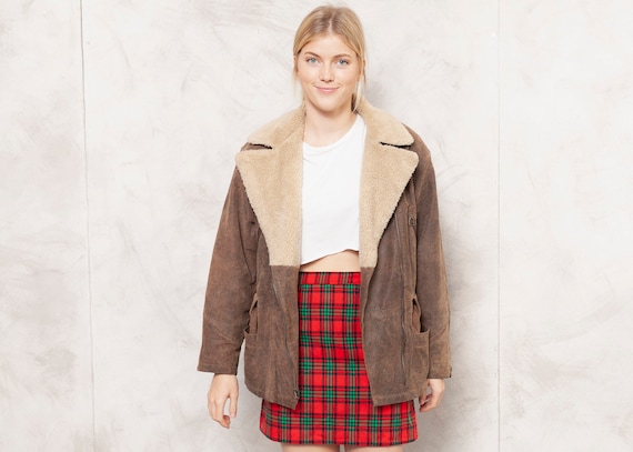 Vintage Oversized Leather Jacket 80s Brown Suede L