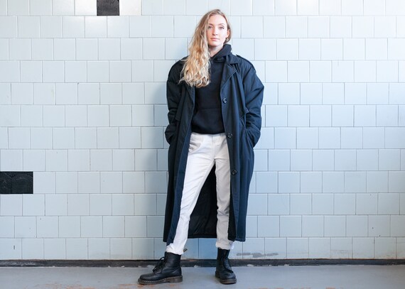 90s Black Trench Coat . Vintage Black Trench Coat