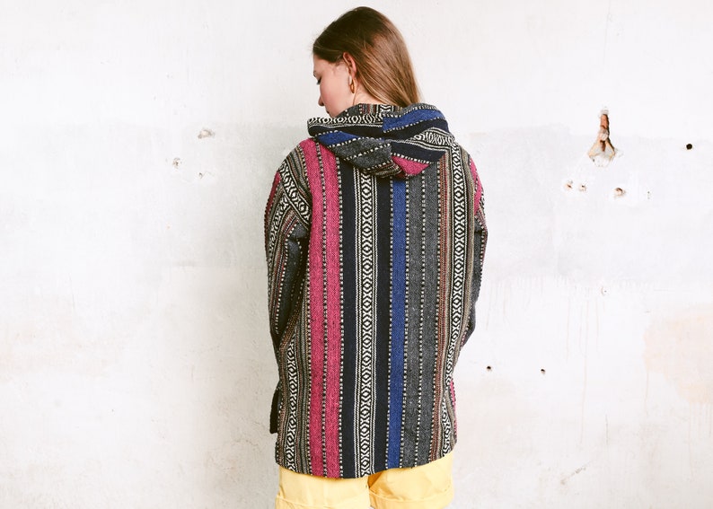 size Large Vintage Ethnic Woven Sweater Oversized Drug Rug Geometric Striped Hippie Hoodie Loose Boho Hoodie Unisex Baja Hoodie