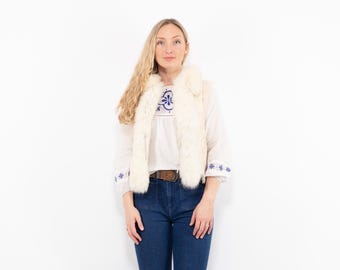 90s White Sheepskin Vest, Boho Shearling Gilet, Size XS