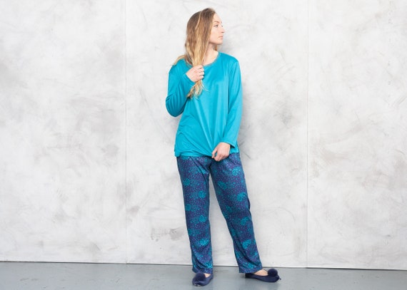 Vintage 90s Blue Pajama Set . Vintage PJs Women Si