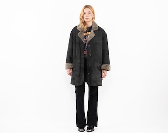 Vintage Black Genuine Shearling Coat Women’s Size 44 Oversized Sheepskin Leather Coat 90s Black Winter Jacket Real Shearling