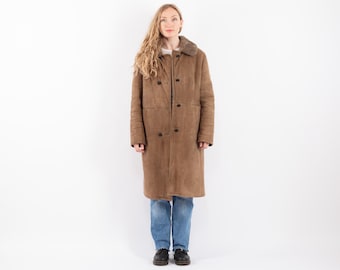 70s Vintage Brown Sheepskin Shearling Coat, Size L