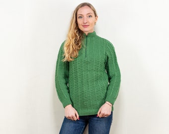 Pullover mit halbem Reißverschluss, Vintage-Stil der 90er Jahre, Zopfmuster, lässig, minimalistisch, Après-Ski, grüner Wollmischungspullover, Damenpullover, nachhaltig, Größe extra klein, XS