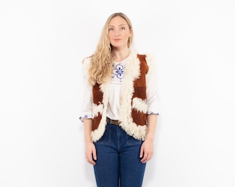 90s Brown Sheepskin Vest, Boho Shearling Gilet, Size XS