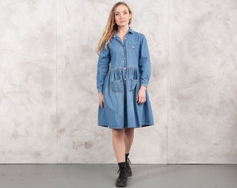 70s Denim Dress summer boho prom dress midi dress jean women shirt button down causal dress oversized wear vintage clothing size medium