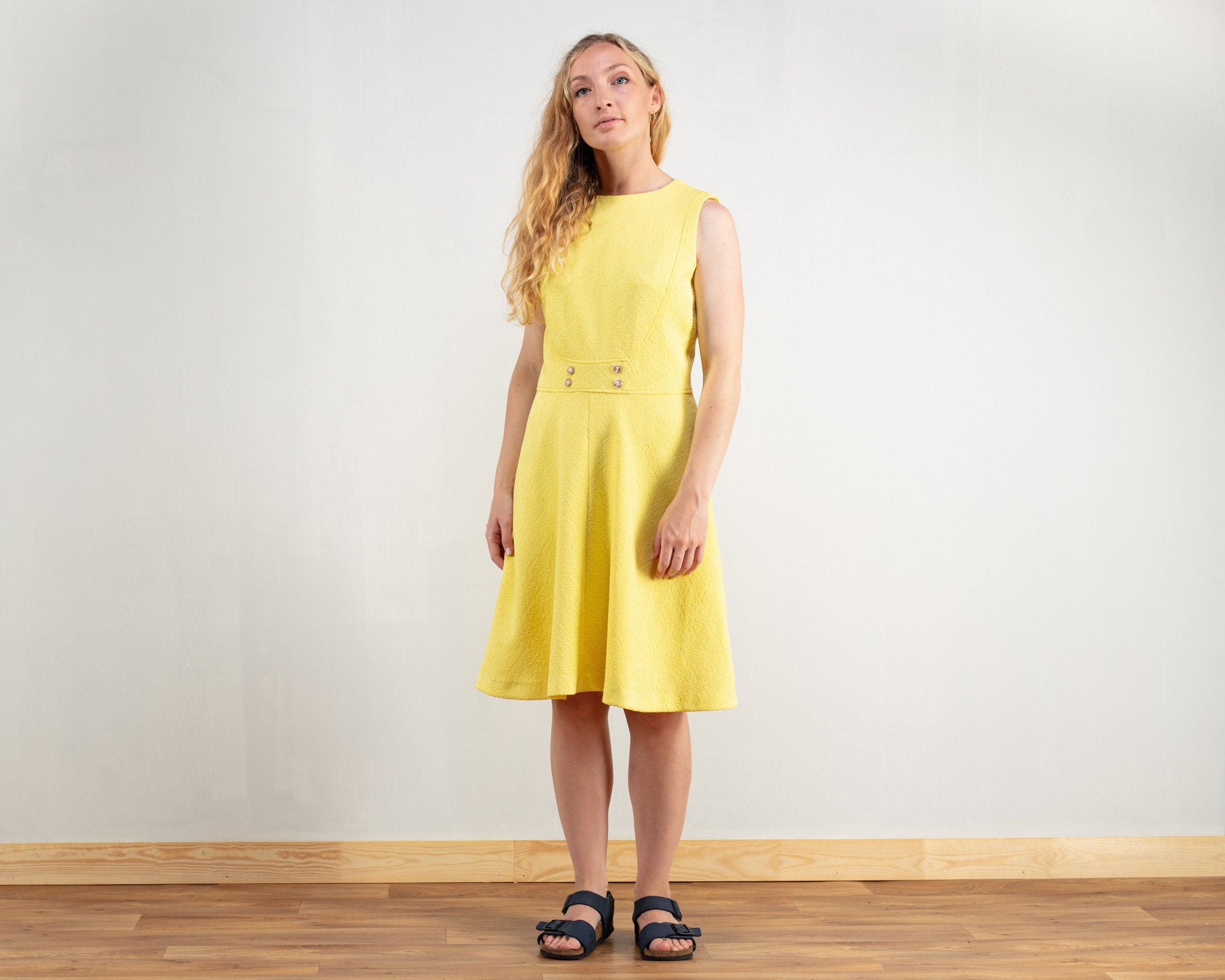 70s Mod Dress Yellow Mod Textured Dress 