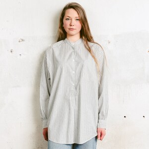 Women's Oversized Band Collar Shirt . Lightweight Long Sleeved Summer Shirt Striped Shirt 90s Blouse Casual Boyfriend Shirt . size Large image 2