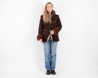 70s Vintage Brown Sheepskin Shearling Coat, Boho Afghan Style, Size S