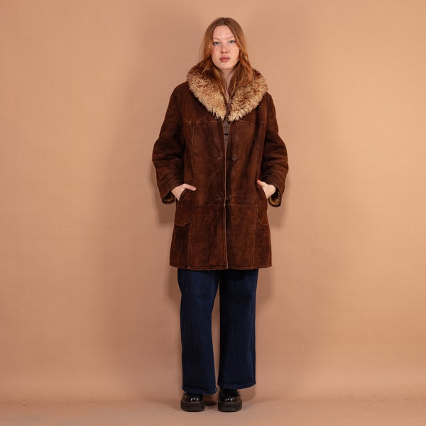 Sheepskin Suede Coat 70's, Size Large, Women Brown Winter Suede Coat, Vintage Sheepskin Coat, Western Style Outerwear, Shearling Coat